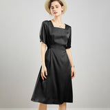 Womens Square Neck Silk Dress Puff Sleeves Silk Midi Dress White XS