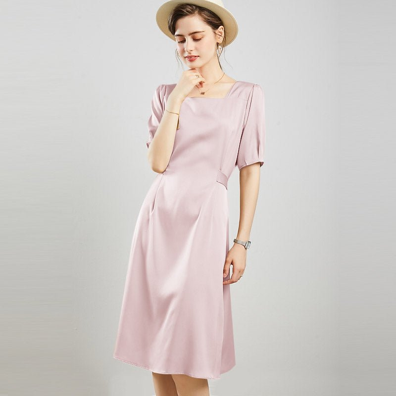 Womens Square Neck Silk Dress Puff Sleeves Silk Midi Dress Green XS