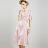 Womens Square Neck Silk Dress Puff Sleeves Silk Midi Dress Green XS