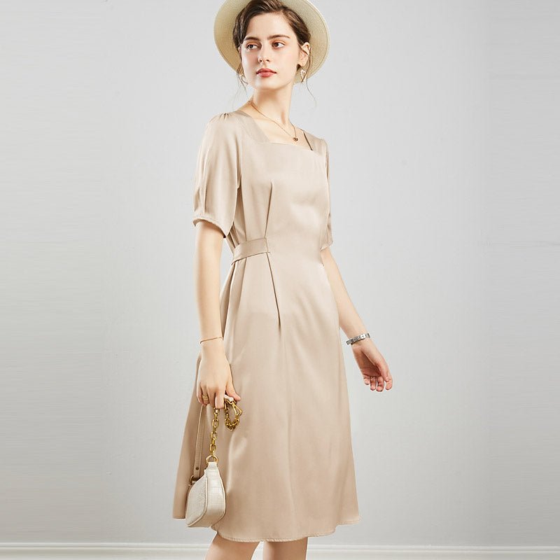Womens Square Neck Silk Dress Puff Sleeves Silk Midi Dress Champagne XS