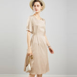 Womens Square Neck Silk Dress Puff Sleeves Silk Midi Dress Champagne XS