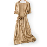 Womens Square Neck Silk Dress Puff Sleeves Silk Midi Dress Khaki XS