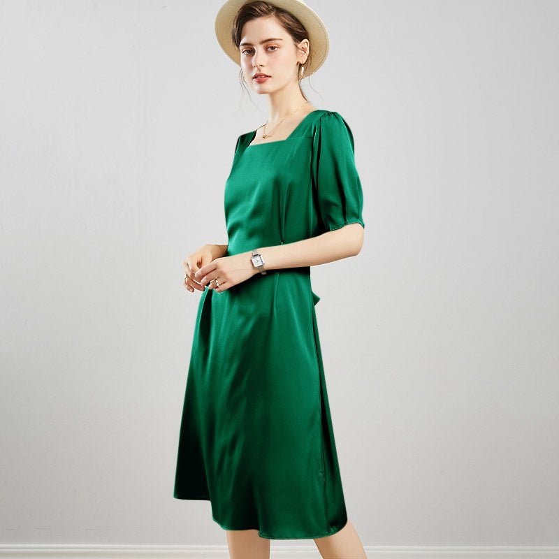 Womens Square Neck Silk Dress Puff Sleeves Silk Midi Dress Green XS