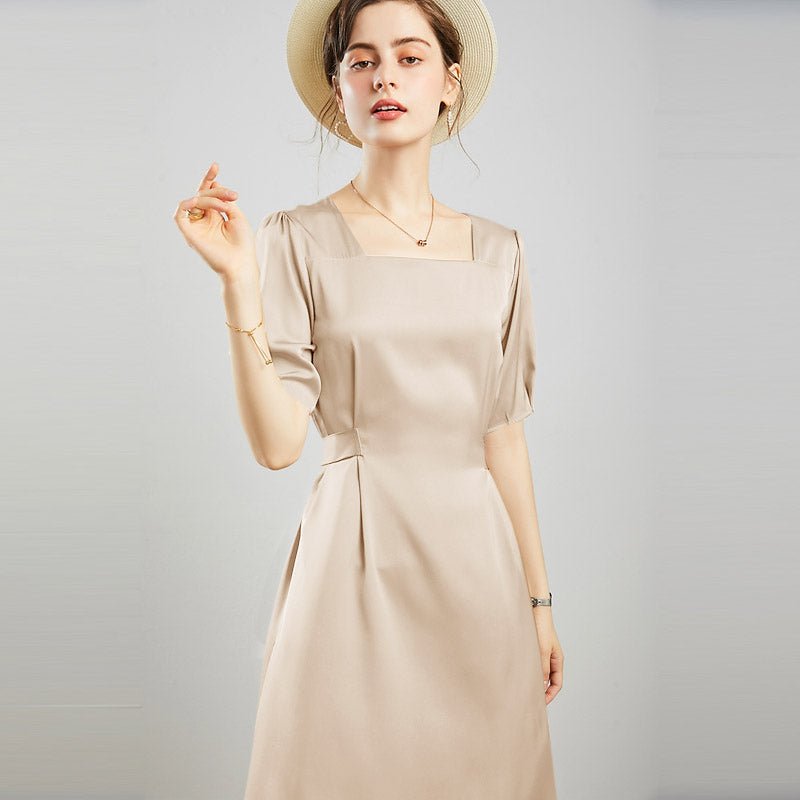 Womens Square Neck Silk Dress Puff Sleeves Silk Midi Dress Champagne XS