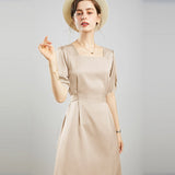 Womens Square Neck Silk Dress Puff Sleeves Silk Midi Dress Champagne XS