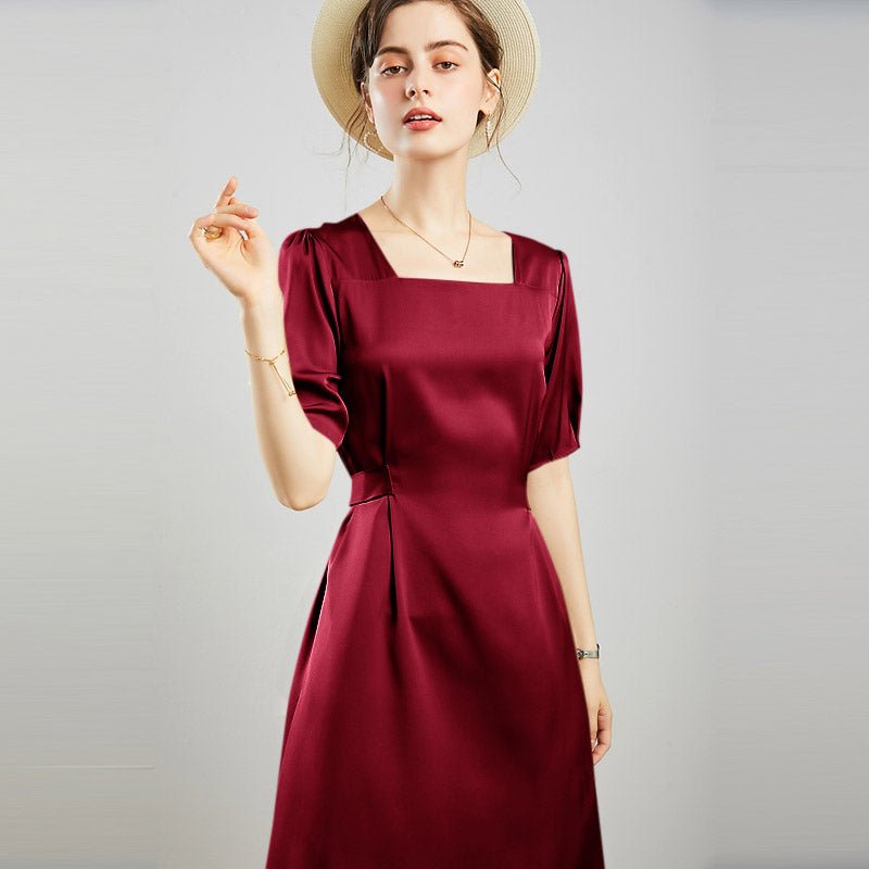 Womens Square Neck Silk Dress Puff Sleeves Silk Midi Dress Claret XS