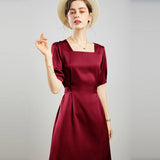 Womens Square Neck Silk Dress Puff Sleeves Silk Midi Dress Claret XS