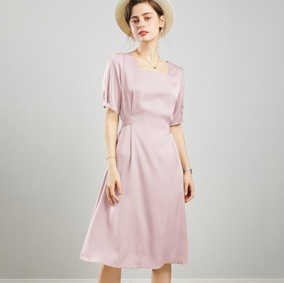 Womens Square Neck Silk Dress Puff Sleeves Silk Midi Dress Green XS