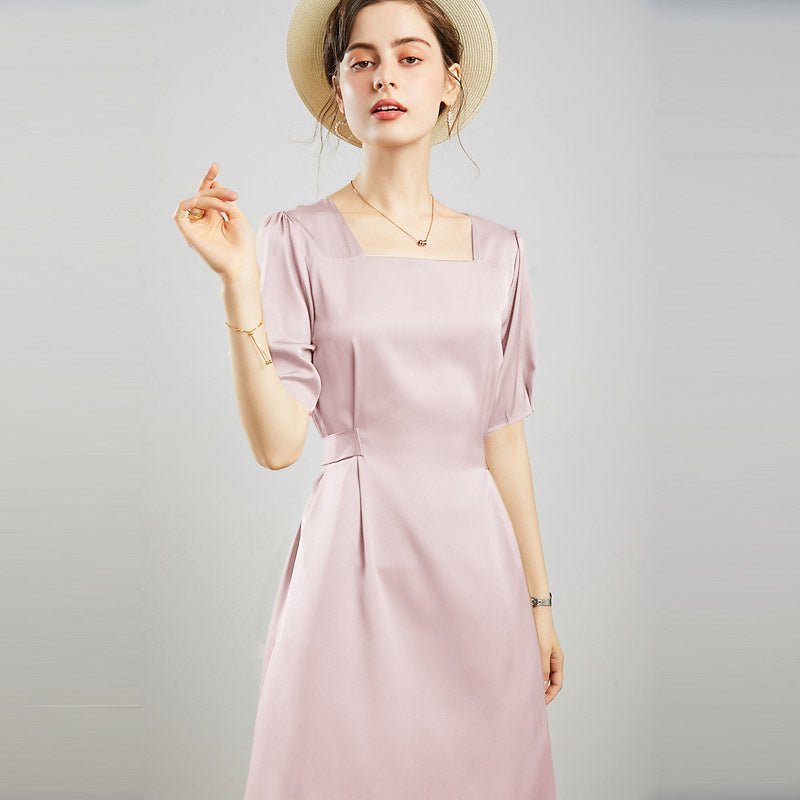 Womens Square Neck Silk Dress Puff Sleeves Silk Midi Dress Green XS