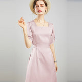 Womens Square Neck Silk Dress Puff Sleeves Silk Midi Dress Green XS