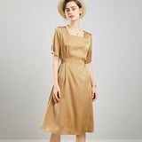 Womens Square Neck Silk Dress Puff Sleeves Silk Midi Dress Khaki XS