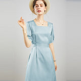 Womens Square Neck Silk Dress Puff Sleeves Silk Midi Dress Green XS