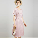 Womens Square Neck Silk Dress Puff Sleeves Silk Midi Dress Green XS