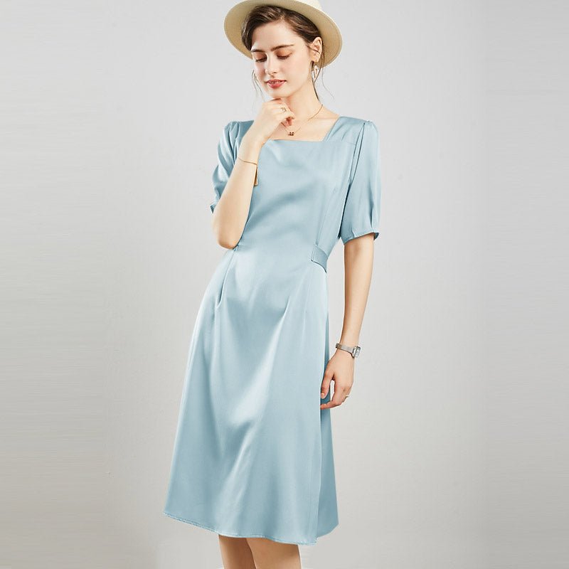 Womens Square Neck Silk Dress Puff Sleeves Silk Midi Dress Green XS