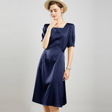 Womens Square Neck Silk Dress Puff Sleeves Silk Midi Dress Navy Blue XS