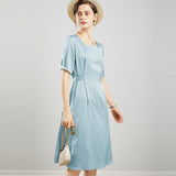 Womens Square Neck Silk Dress Puff Sleeves Silk Midi Dress Green XS