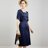 Womens Square Neck Silk Dress Puff Sleeves Silk Midi Dress Navy Blue XS