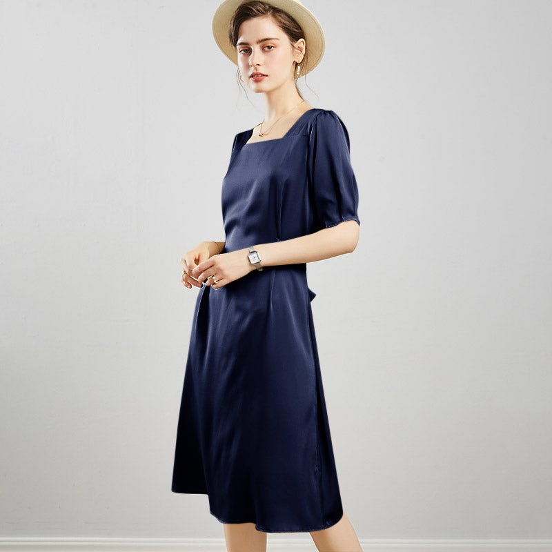 Womens Square Neck Silk Dress Puff Sleeves Silk Midi Dress Navy Blue XS