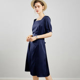 Womens Square Neck Silk Dress Puff Sleeves Silk Midi Dress Navy Blue XS