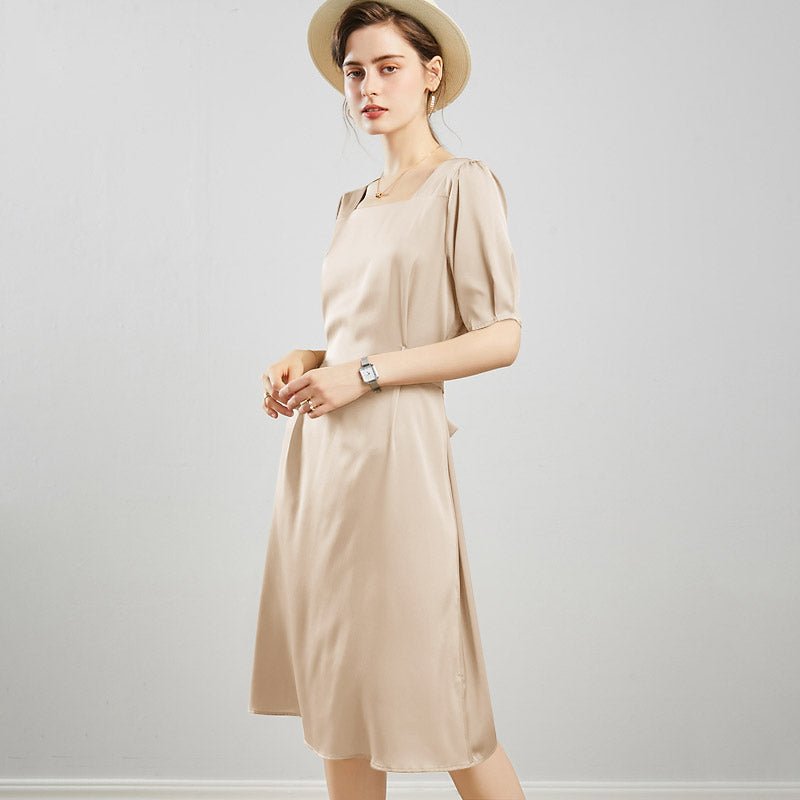 Womens Square Neck Silk Dress Puff Sleeves Silk Midi Dress Champagne XS