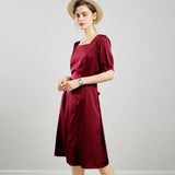 Womens Square Neck Silk Dress Puff Sleeves Silk Midi Dress Claret XS