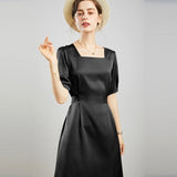 Womens Square Neck Silk Dress Puff Sleeves Silk Midi Dress White XS