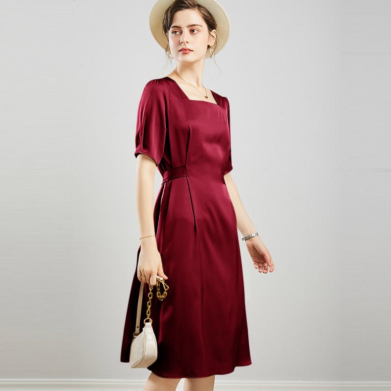 Womens Square Neck Silk Dress Puff Sleeves Silk Midi Dress Claret XS