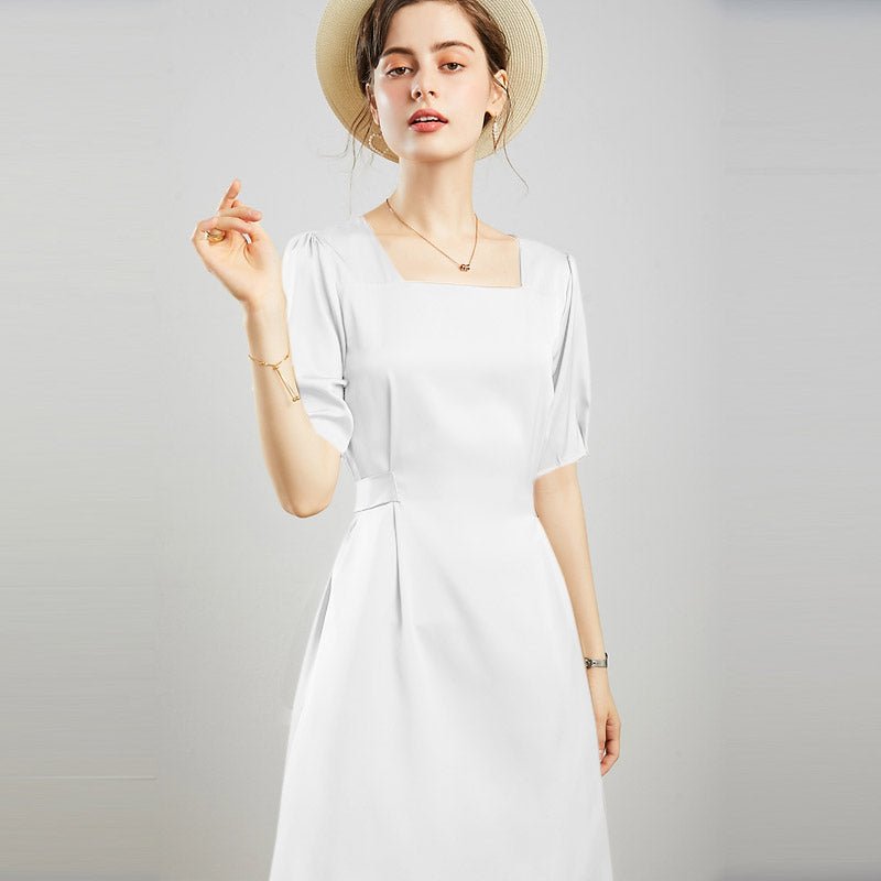 Womens Square Neck Silk Dress Puff Sleeves Silk Midi Dress White XS