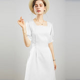 Womens Square Neck Silk Dress Puff Sleeves Silk Midi Dress White XS
