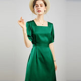 Womens Square Neck Silk Dress Puff Sleeves Silk Midi Dress Green XS