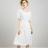 Womens Square Neck Silk Dress Puff Sleeves Silk Midi Dress White XS