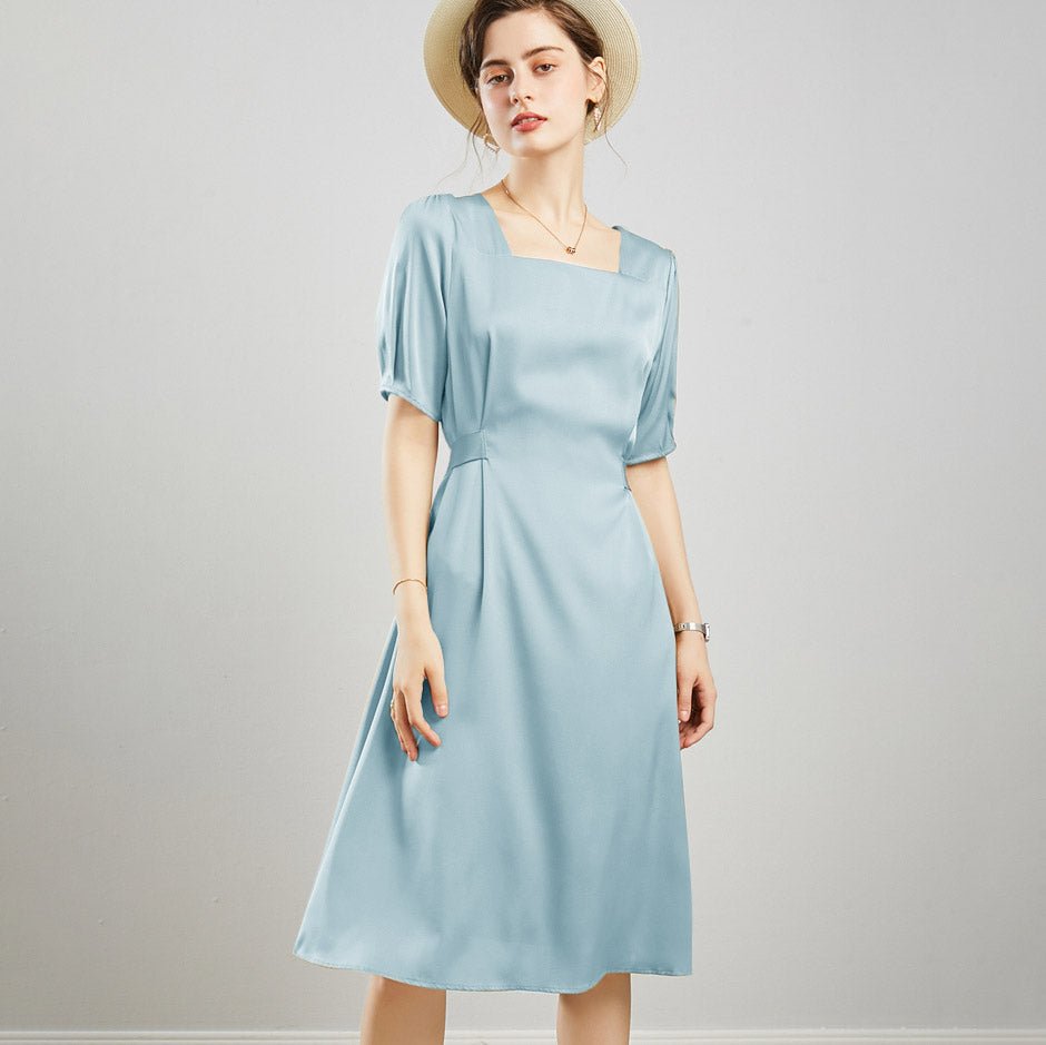 Womens Square Neck Silk Dress Puff Sleeves Silk Midi Dress Green XS