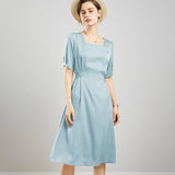 Womens Square Neck Silk Dress Puff Sleeves Silk Midi Dress Green XS