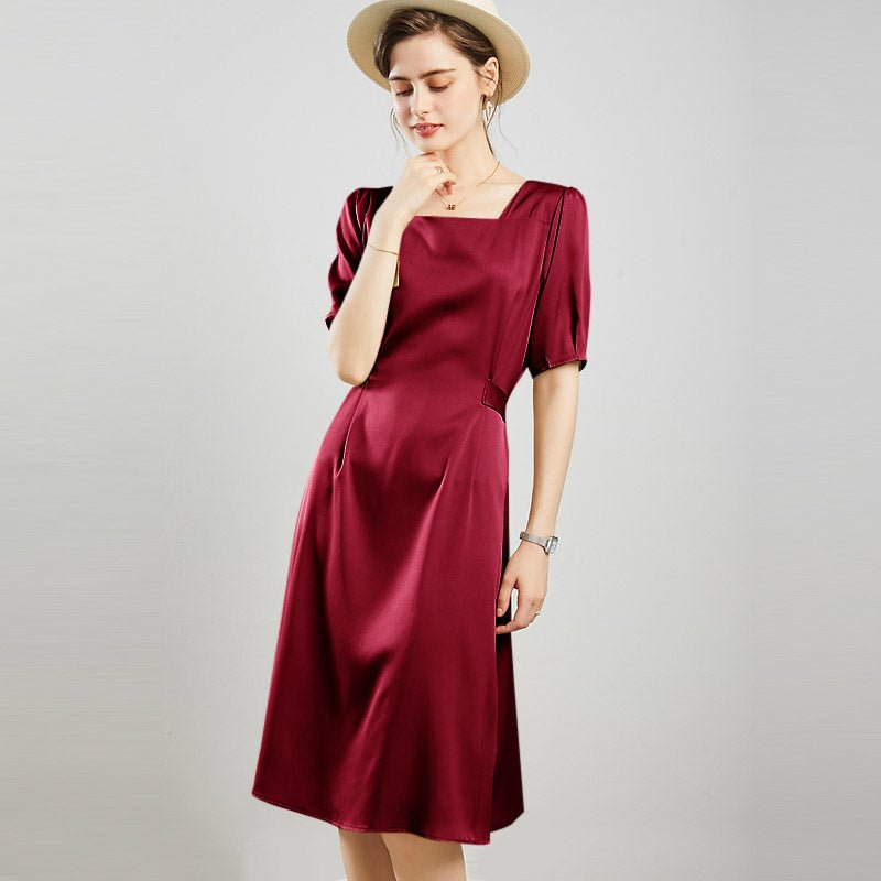 Womens Square Neck Silk Dress Puff Sleeves Silk Midi Dress Claret XS