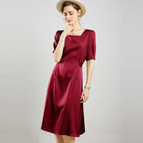 Womens Square Neck Silk Dress Puff Sleeves Silk Midi Dress Claret XS