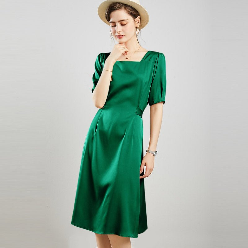 Womens Square Neck Silk Dress Puff Sleeves Silk Midi Dress Green XS