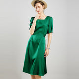 Womens Square Neck Silk Dress Puff Sleeves Silk Midi Dress Green XS
