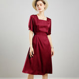 Womens Square Neck Silk Dress Puff Sleeves Silk Midi Dress Claret XS