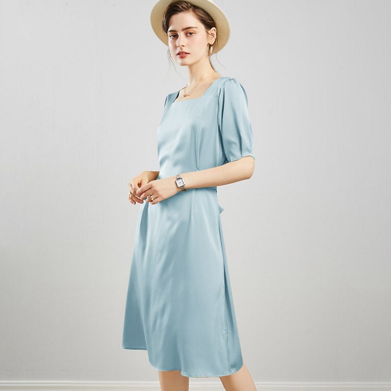 Womens Square Neck Silk Dress Puff Sleeves Silk Midi Dress Green XS