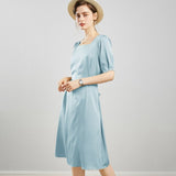 Womens Square Neck Silk Dress Puff Sleeves Silk Midi Dress Green XS