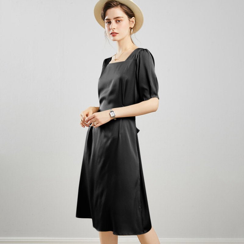 Womens Square Neck Silk Dress Puff Sleeves Silk Midi Dress White XS