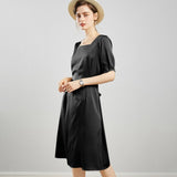 Womens Square Neck Silk Dress Puff Sleeves Silk Midi Dress White XS