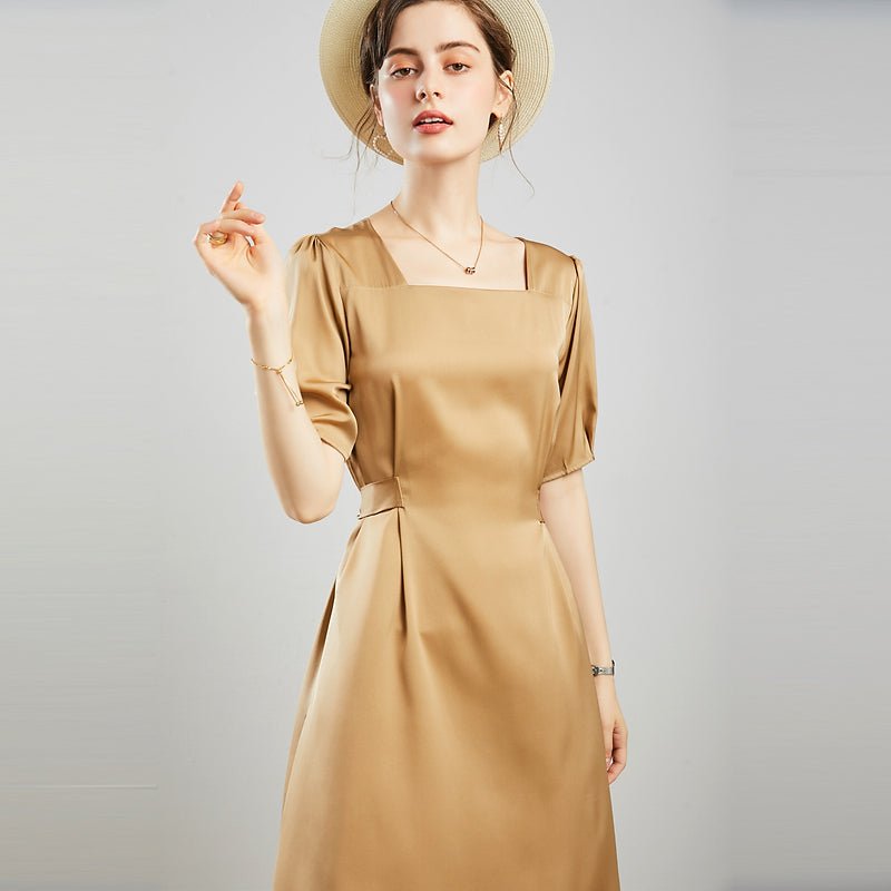 Womens Square Neck Silk Dress Puff Sleeves Silk Midi Dress Khaki XS