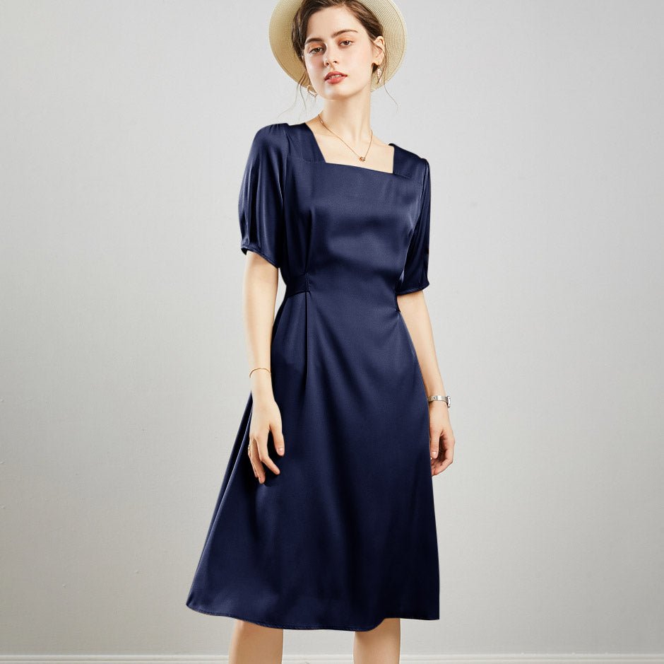 Womens Square Neck Silk Dress Puff Sleeves Silk Midi Dress Navy Blue XS