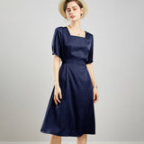Womens Square Neck Silk Dress Puff Sleeves Silk Midi Dress Navy Blue XS