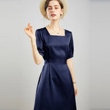 Womens Square Neck Silk Dress Puff Sleeves Silk Midi Dress Navy Blue XS