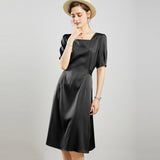 Womens Square Neck Silk Dress Puff Sleeves Silk Midi Dress White XS
