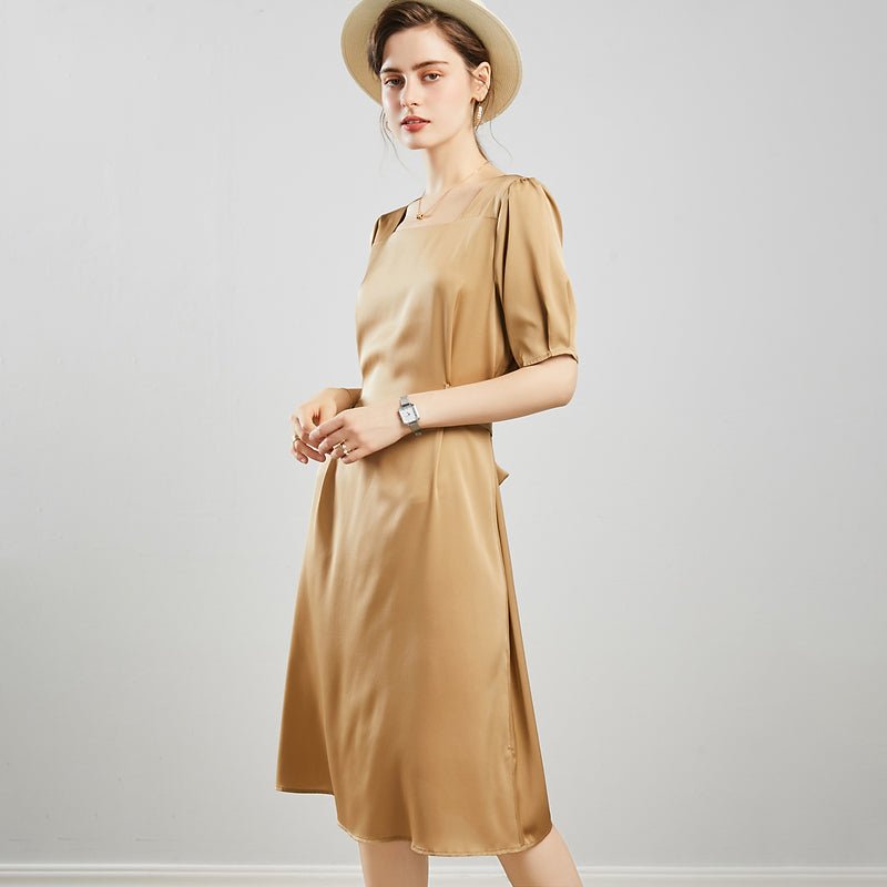 Womens Square Neck Silk Dress Puff Sleeves Silk Midi Dress Khaki XS