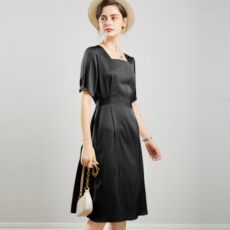 Womens Square Neck Silk Dress Puff Sleeves Silk Midi Dress White XS