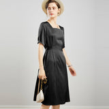 Womens Square Neck Silk Dress Puff Sleeves Silk Midi Dress White XS